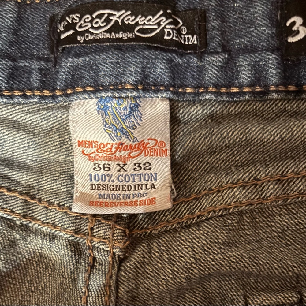 Ed Hardy Dark Blue Jeans with Red Heart & Multicolor Embroidered Skull Patches - Picture 9 of 9